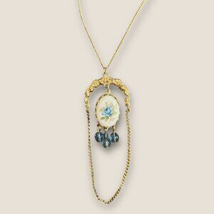 Vintage Gold Floral Porcelain Pendant Necklace With Blue Beads & Chain Accents